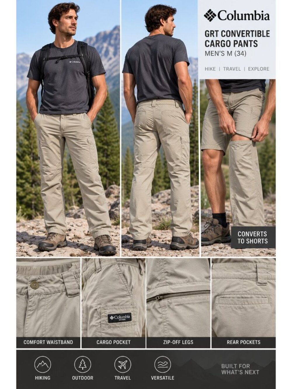 Columbia GRT Convertible Cargo Pants Mens M (34) Hiking Outer Wear Everyday Wear